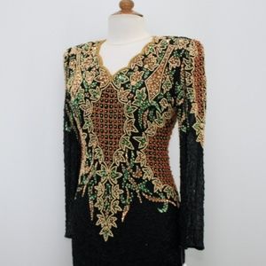 JASDEE Vintage Long Sleeve Dress Hand Work Bead & Sequins On Silk Style 6010